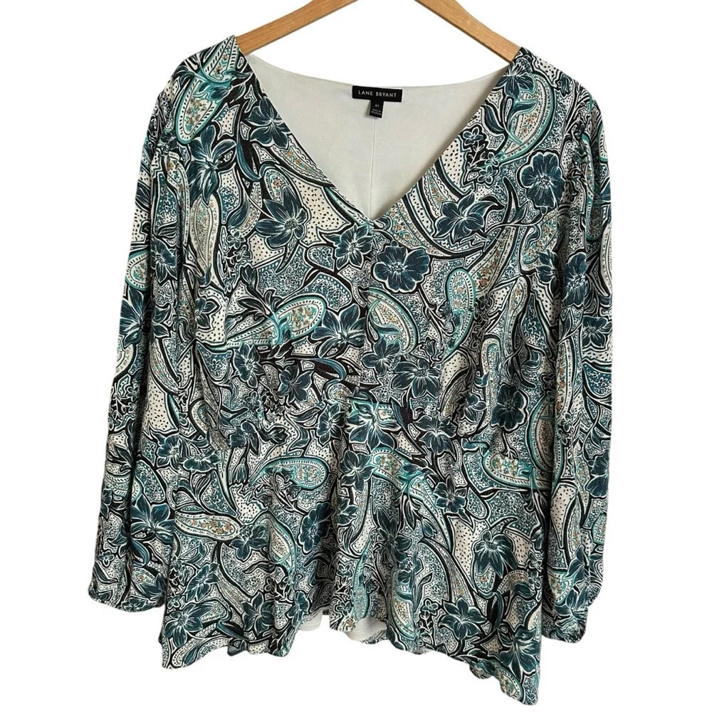 Lane Bryant‎ Size 22 Teal Paisley V Neck Peplum Waist Blouse Top Glitter Lined
